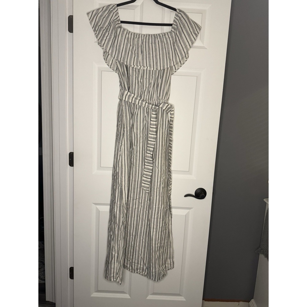 1 State Off The Shoulder Striped Maxi Dress White Blueish Gray Belted Large - Picture 1 of 2
